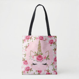 Bolso De Tela Unicornio Dorado Rosa Floral Rosa Lindo Moderno