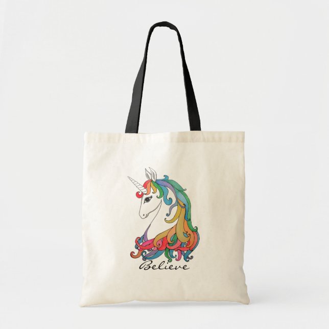 Bolso De Tela Unicornio lindo del arco iris de la acuarela (Frente)