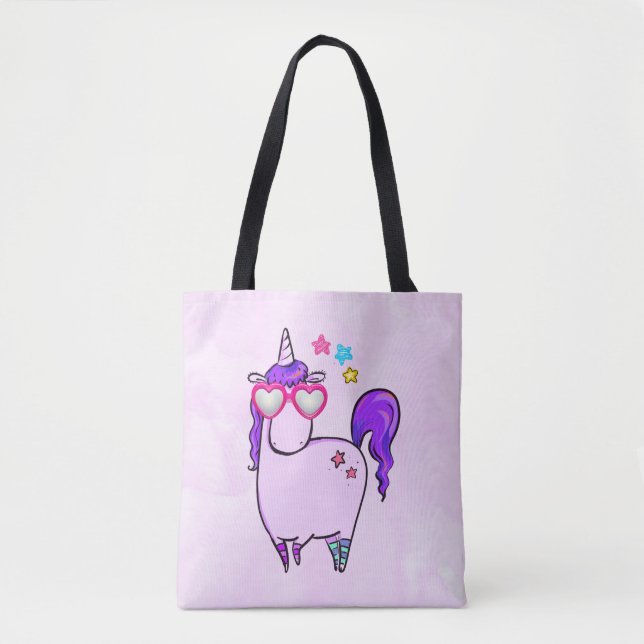 Bolso De Tela Unicornio lindo en gafas cardiacas (Anverso)