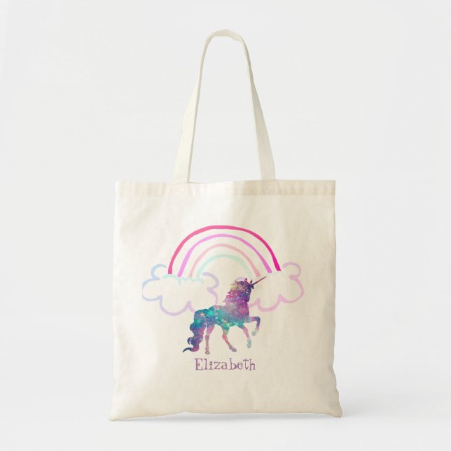 Bolso De Tela Unicornio mágico morado, arcoiris (Frente)