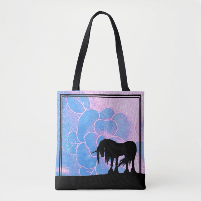 Bolso De Tela Unicornio místico (flor texturada rosa y azul) (Anverso)