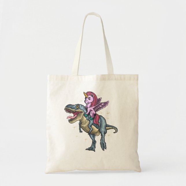Bolso De Tela Unicornio Montando Dinosaurio T Rex (Frente)