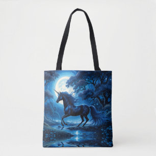 Bolso De Tela Unicornio negro en el bosque con luz azul de la lu