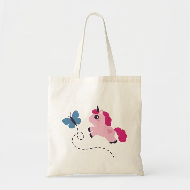 Bolso De Tela Unicornio rosado con mariposa (Frente)