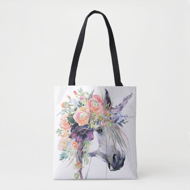 Bolso De Tela Unicornio vestido con flores (Anverso)
