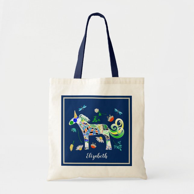 Bolso De Tela Unicornios y libélulas fantasiosas (Frente)