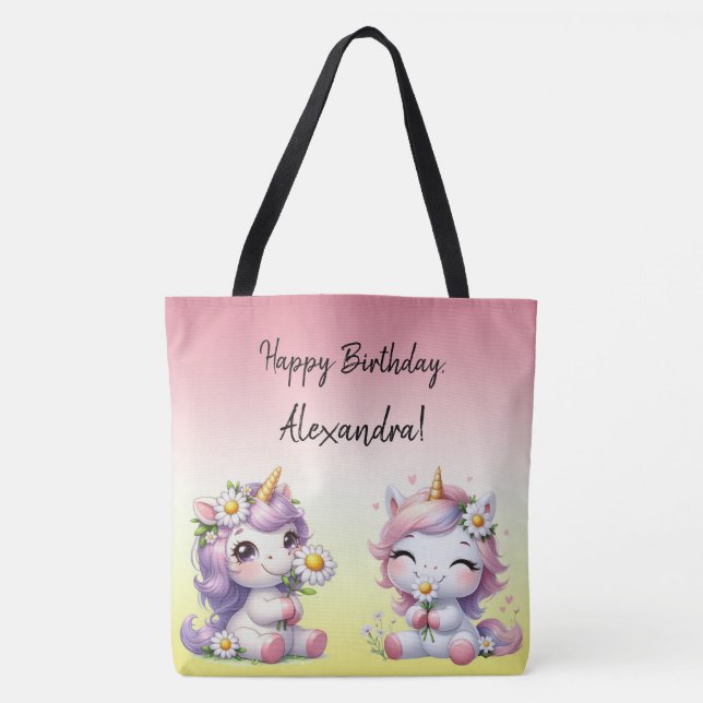 Bolso De Tela Unicornios y margaritas, "Feliz cumpleaños" (Anverso)