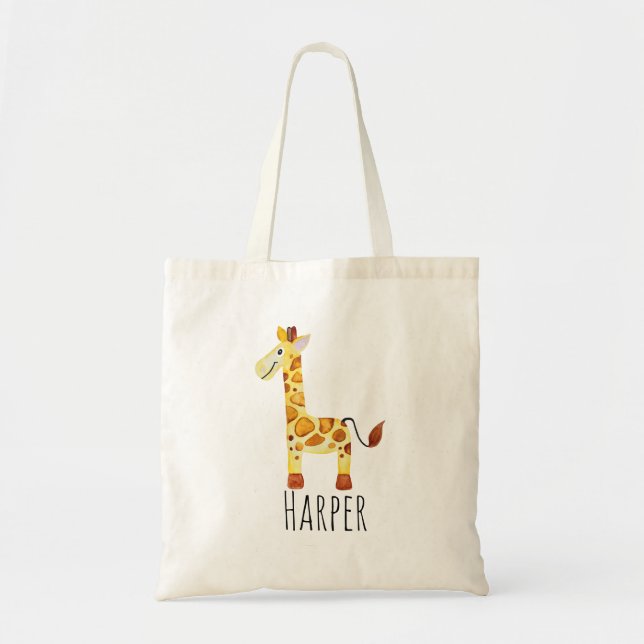 Bolso De Tela Unisex acuarela bebé jirafa Safari y nombre (Frente)