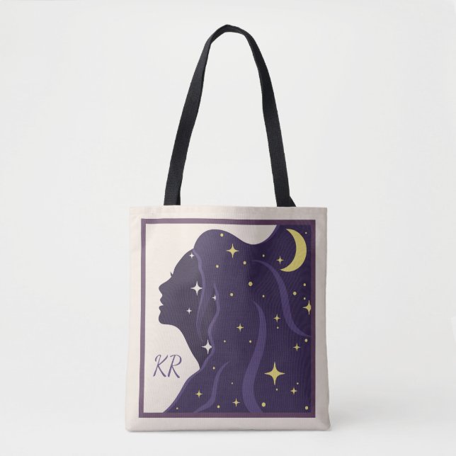 Bolso De Tela Universo cósmico Lady Purple Gold Stars Personaliz (Anverso)