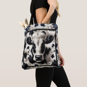 Bolso De Tela Vaca de cuero negro y blanco con aspecto peludo