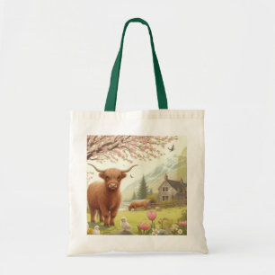 Bolso De Tela Vaca de tierras altas, con flores y primavera
