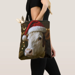 Bolso De Tela Vaca Hereford de Navidad con sombrero de Santa