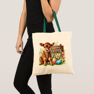 Bolso De Tela Vaca linda y feliz de Pascua