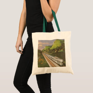 Bolso De Tela Vacaciones en tren vintage, locomotora en el campo