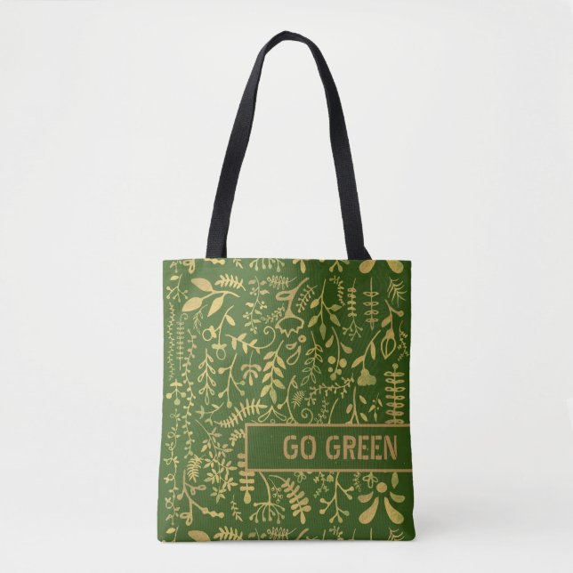 Bolso De Tela Vamos Verde, floral de oro (Anverso)