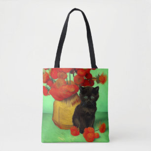Bolso De Tela Van Gogh Black Kitten Red Flowers