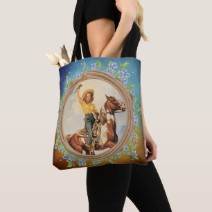 Bolso De Tela Vaquera del vintage en caballo con las flores de