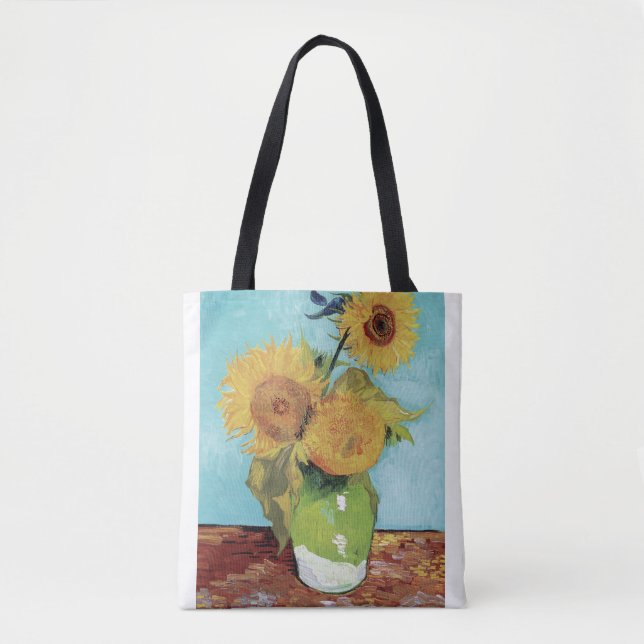 Bolso De Tela Vase con tres Sunglowers 1888 por Vincent van Gog (Anverso)