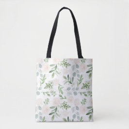 Bolso De Tela Vegetación acuarela y patrón de flores blancas