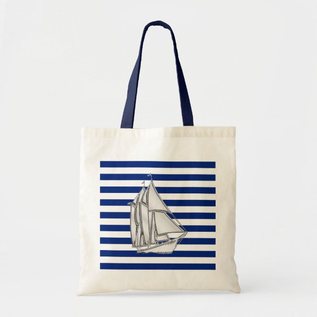 Bolso De Tela Velero de plata en rayas azules náuticas (Frente)