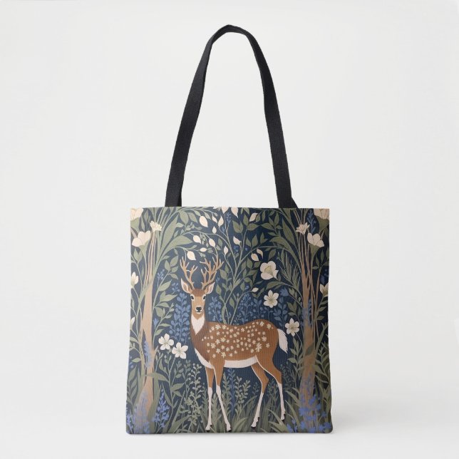 Bolso De Tela Venado En El Bosque Azul Inspirado William Morris (Anverso)