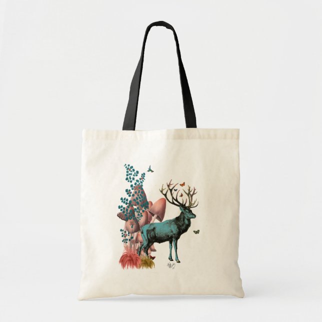 Bolso De Tela Venado turquesa en bosque de champiñones (Frente)