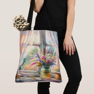 Bolso De Tela Ventana de cabaña soleada con flores silvestres