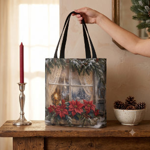 Bolso De Tela Ventana de Navidad con Poinsettia Nevada