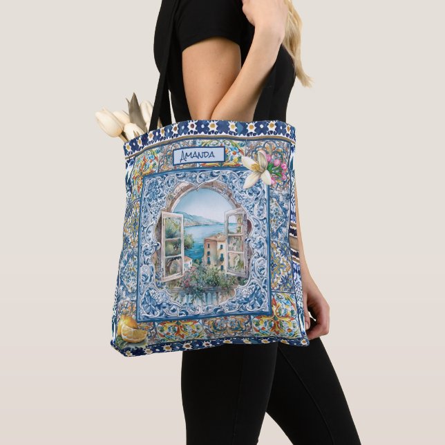 Bolso De Tela verano azulejos azules florales italianos cítricos (Detalle)