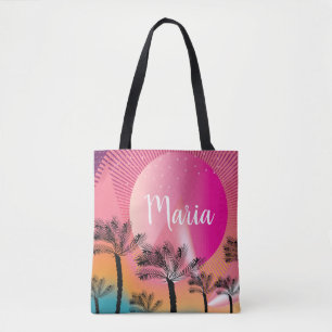 Bolso De Tela Verano rosa brillante Tropical Sunset Palm Tree Ar