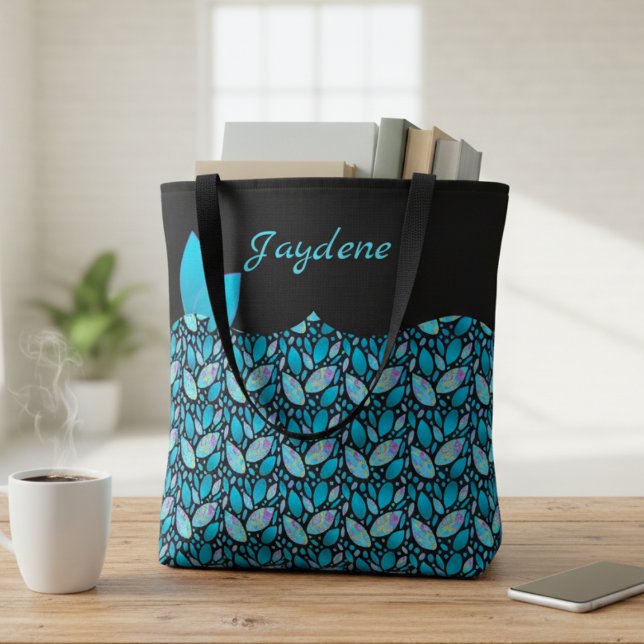 Bolso De Tela Verde azuladas hojas de moda azules y negras con n (Off to college? Then take this bag with you. Its personal, cute and packed with teal leaves.)