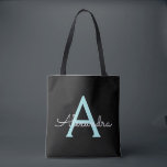 Bolso De Tela Verde azulado Aqua Blue Girly Script Monograma Nom<br><div class="desc">Aqua Blue Elegant negro y Verde azulado Añadir tu propio nombre Monograma Bolsa del libro. Esta Bolsa de Libros puede ser personalizada para incluir su nombre inicial y de pila y entregarse como regalo para Navidades,  Dulce 16 Cumpleaños,  Ducha de Novias o un Boda.</div>