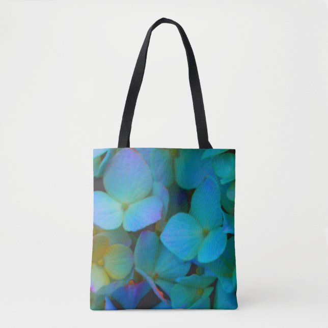 Bolso De Tela Verde azulado azul amarillo rosa hortensias flores (Anverso)
