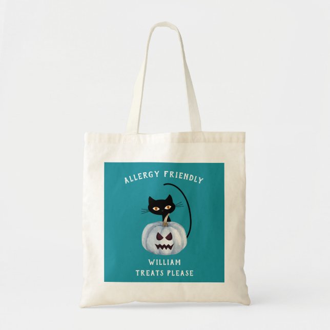 Bolso De Tela Verde azulado Calabaza Halloween Gato negro Alérgi (Frente)
