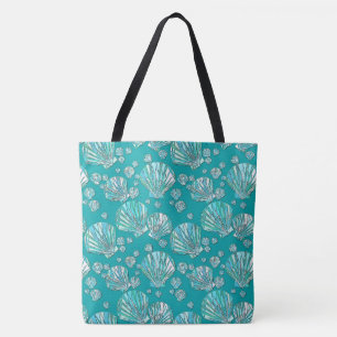 Bolso De Tela Verde azulado, conchas marinas, fondo turquesa