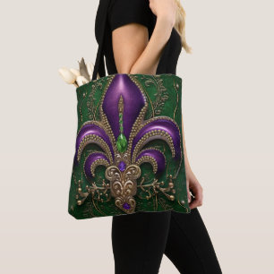 BOLSO DE TELA VERDE CON PURPLE MARDI GRAS FLEUR DI LIS