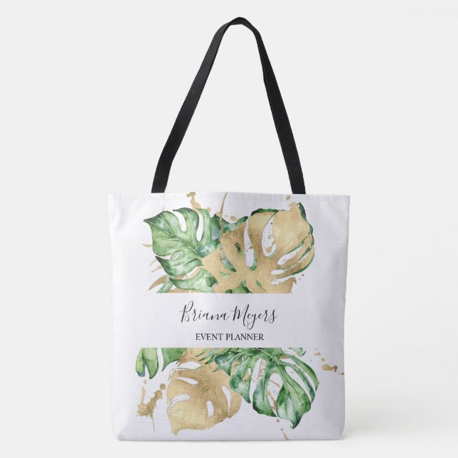 Bolso De Tela Verde Palma Hojas Oro Tropical (Anverso)