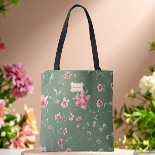 Bolso De Tela Verde Salvia flores rosadas patrón Clásico de moda