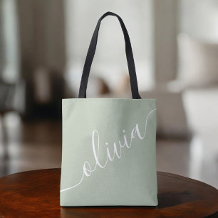Bolso De Tela Verde Salvia Minimalista Moderno Monograma Elegant