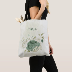 Bolso De Tela verde salvia y flor blanca