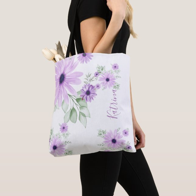 Bolso De Tela Verde violeta personalizado, flores acuáticas (Detalle)