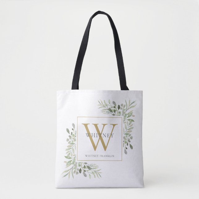 Bolso De Tela Verdor acuático monograma dorado personalizado (Anverso)