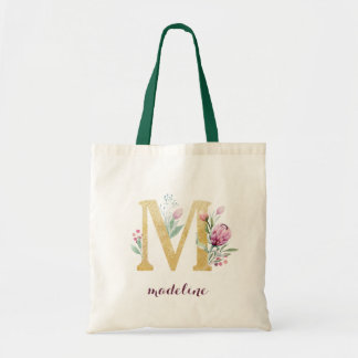 Bolso De Tela Verdor de oro floral Morado Monograma personalizad