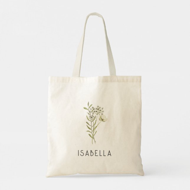 Bolso De Tela Verdor Nombre mínimo floral personalizado moderno (Reverso)