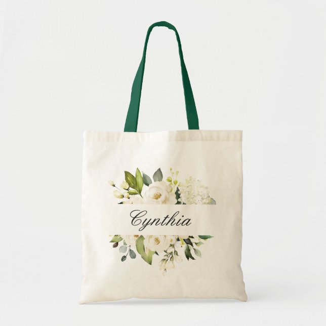 Bolso De Tela Verdor Roses Blancos Acuarela Floral Bridesmaid (Frente)