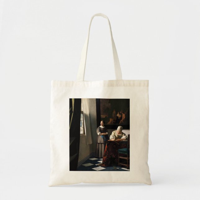 Bolso De Tela Vermeer - Dama escribiendo una carta con su emplea (Frente)