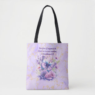Bolso De Tela Versículo de la Biblia de Mármol Púrpura y Maripos