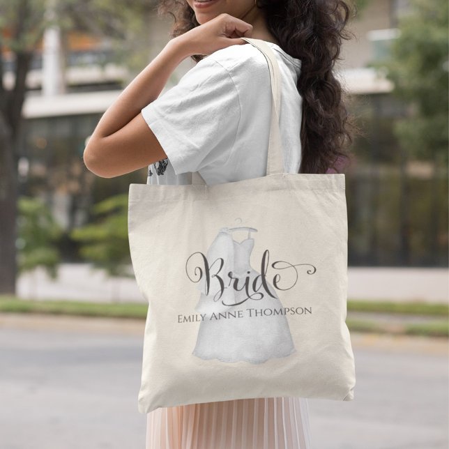 Bolso De Tela Vestido de Novia Personalizado para la Novia (Bride to be custom calligraphy script wedding dress tote bag.)