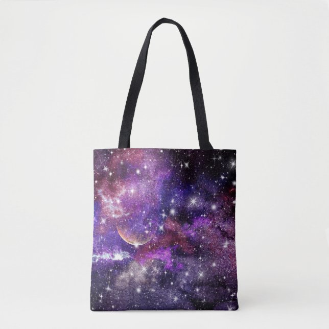 Bolso De Tela Vía Láctea Violeta Con Planeta (Anverso)