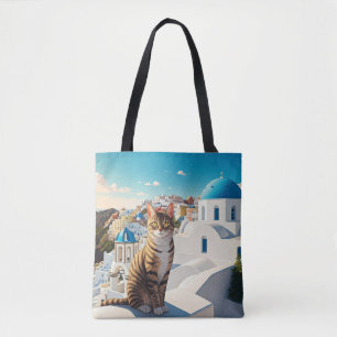 Bolso De Tela Viaje en bicicleta de un gato en Santorini Grecia